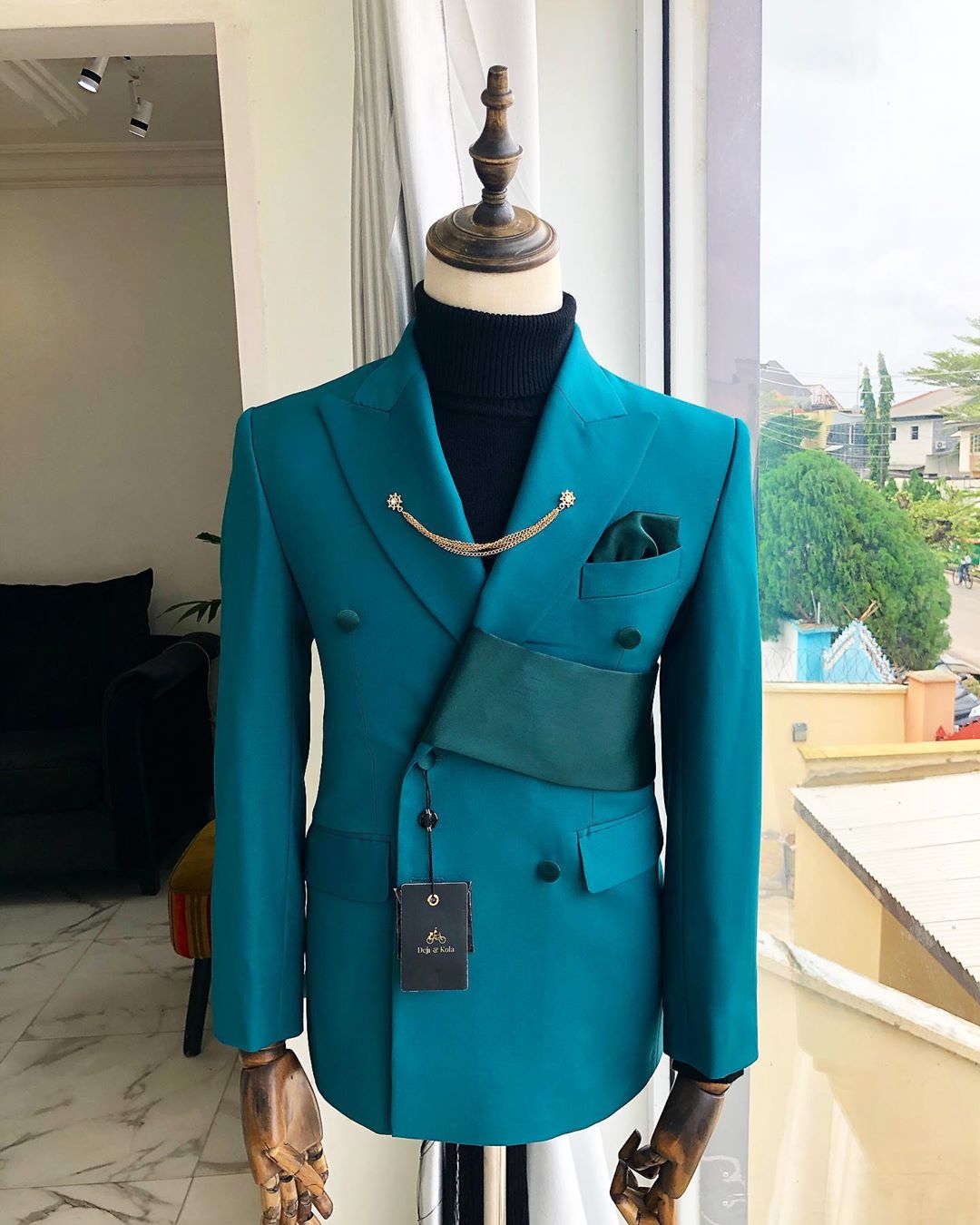 teal double breasted suit