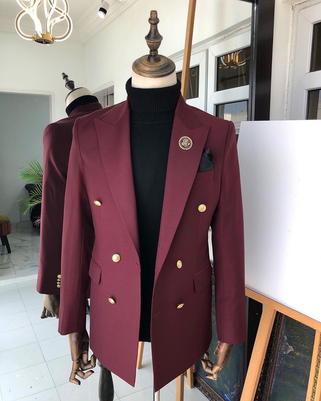 maroon double breasted blazer