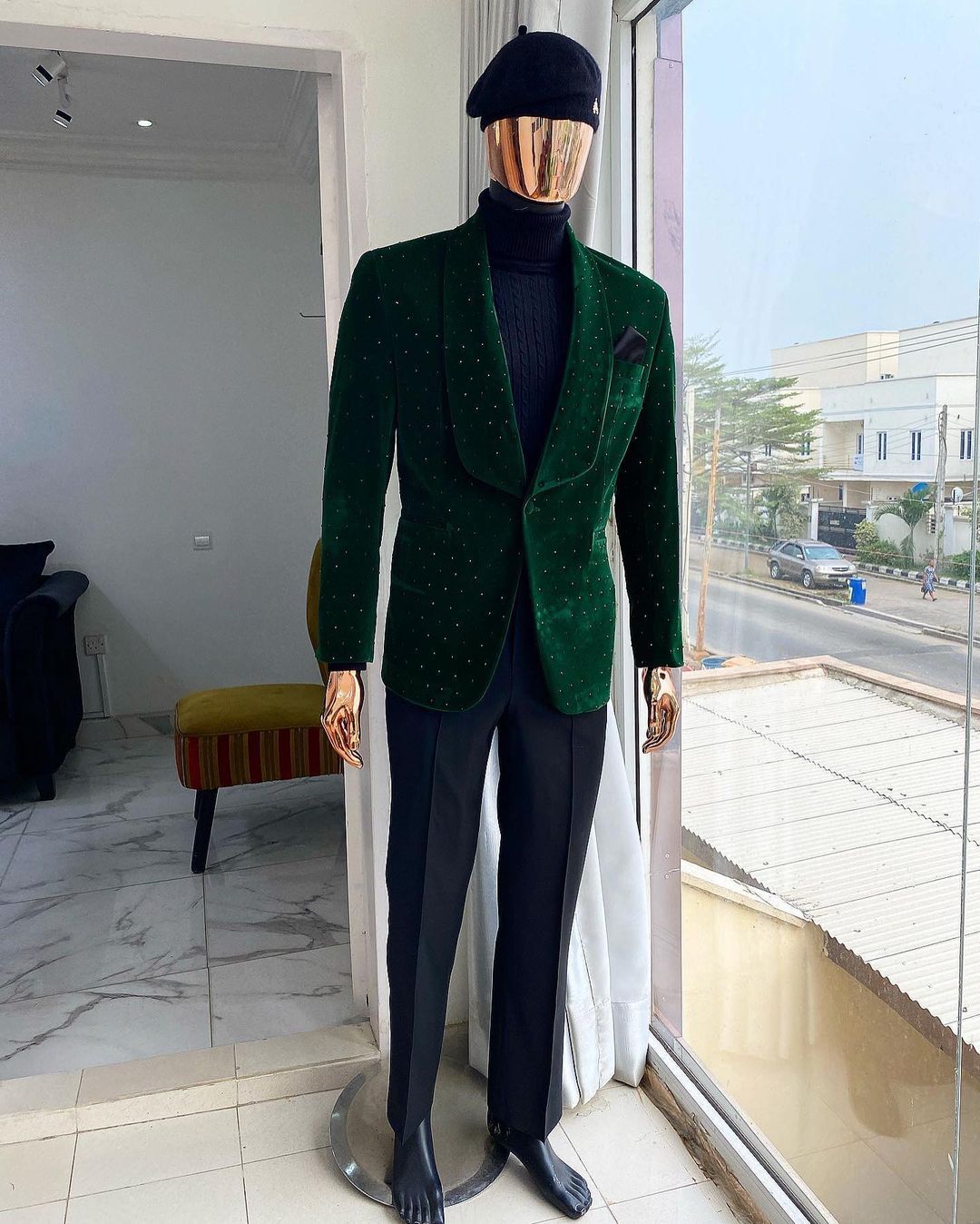 green suit with turtleneck