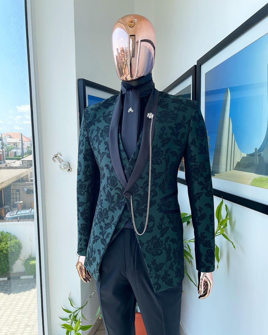 Shop “LT” front cut tuxedo suit, black bishop neck shirt -Deji & Kola